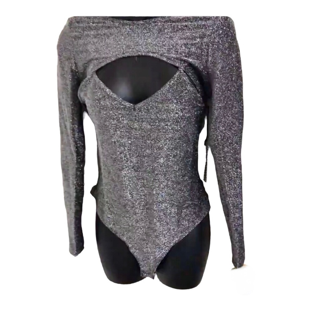 Haute Monde silver gray metallic long sleeve crop top & bodysuit size Large new